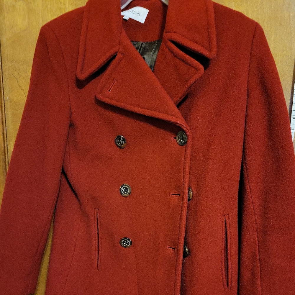 Calvin Klein Ladies Red double Breasted Pea Coat Wool blend
